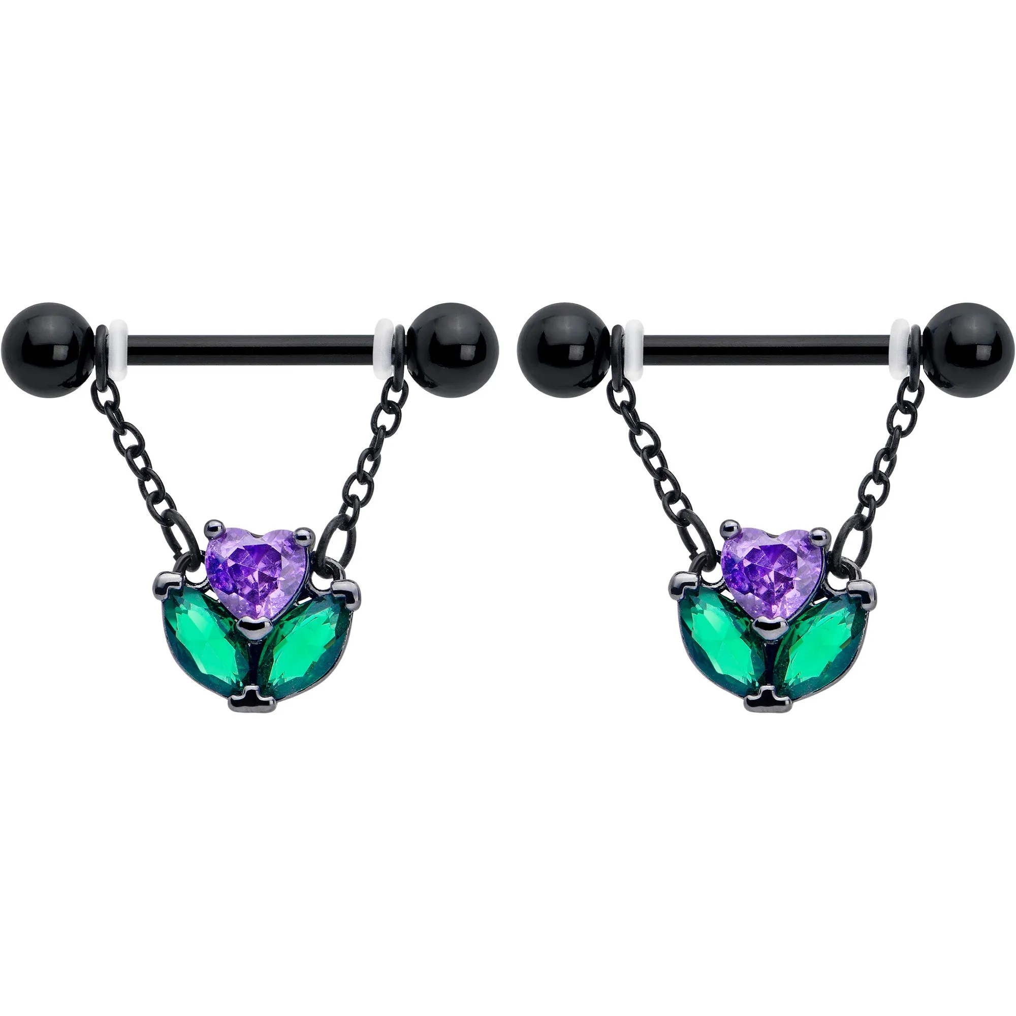 14 Gauge 9/16 Purple CZ Gem Black Love Flower Dangle Nipple Ring Set
