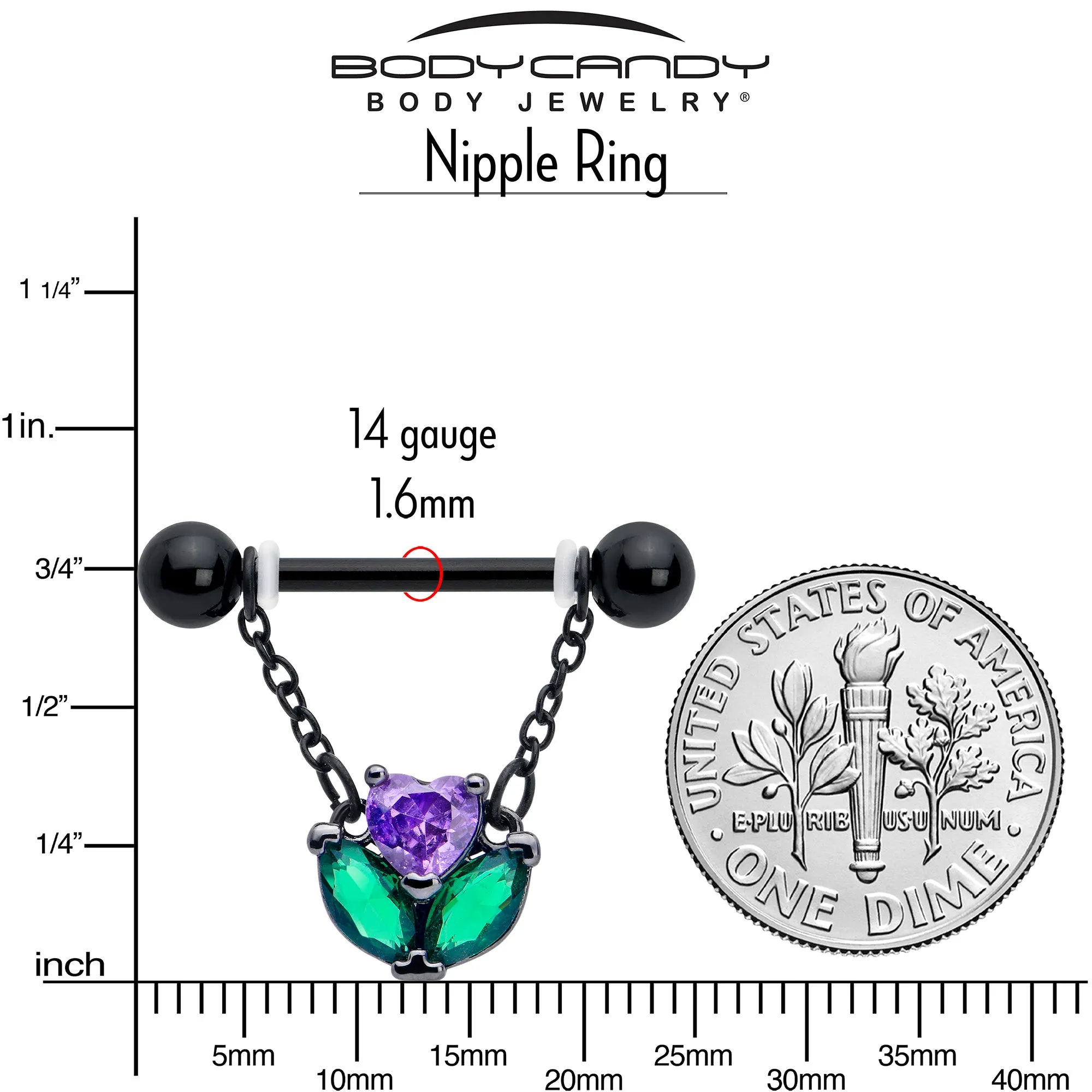 14 Gauge 9/16 Purple CZ Gem Black Love Flower Dangle Nipple Ring Set