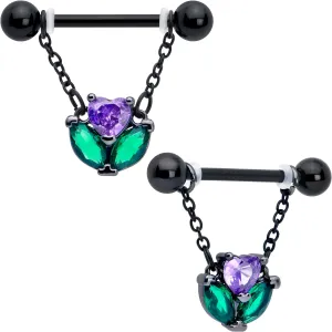 14 Gauge 9/16 Purple CZ Gem Black Love Flower Dangle Nipple Ring Set