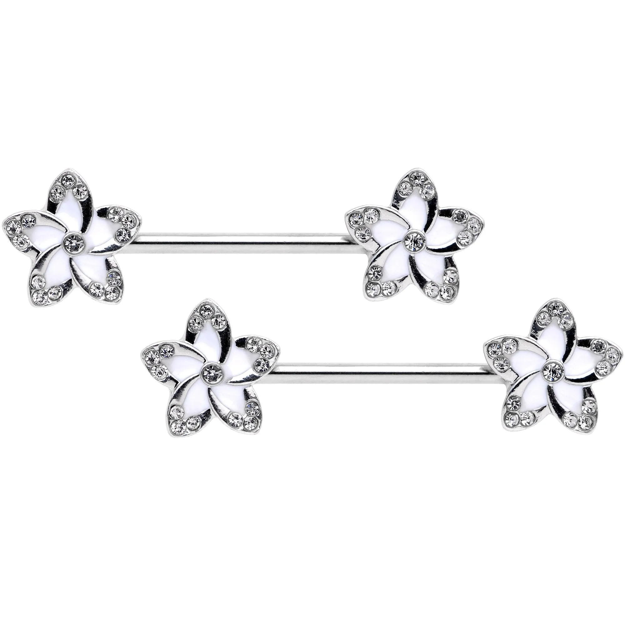 14 Gauge Clear Gem White Flower Horseshoe Barbell Nipple Ring Set of 4