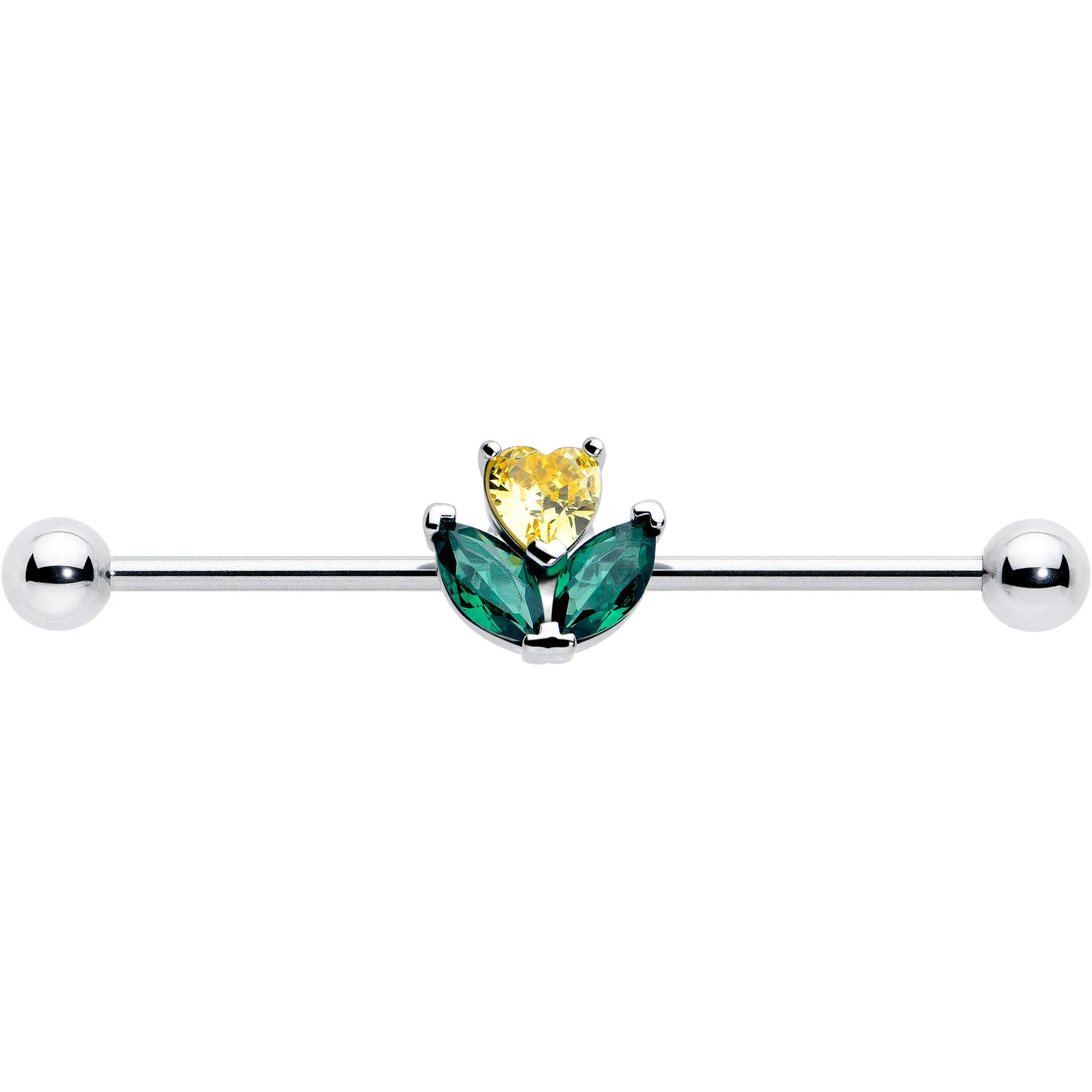 14 Gauge Yellow Green CZ Gem Love Flower Industrial Barbell 38mm