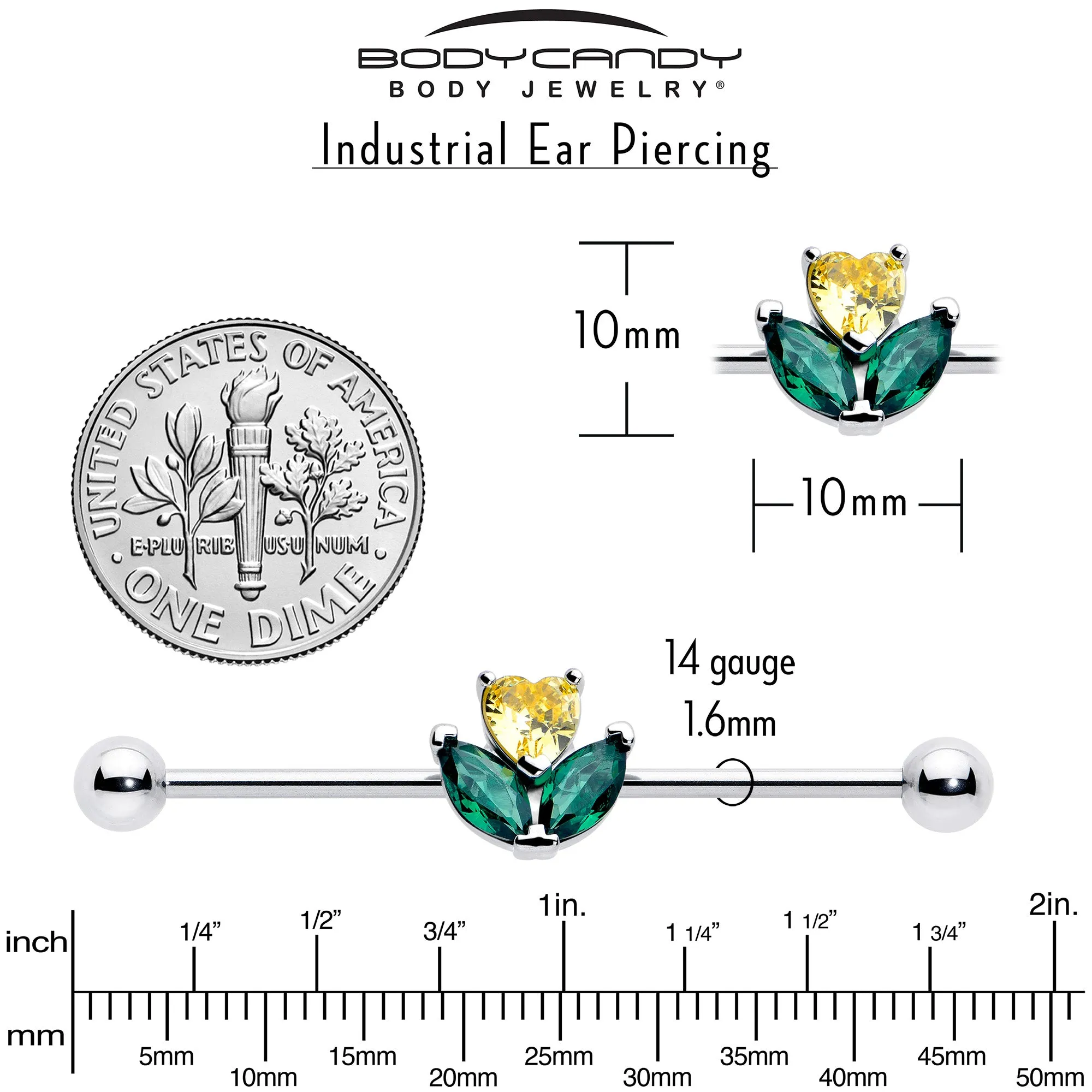 14 Gauge Yellow Green CZ Gem Love Flower Industrial Barbell 38mm