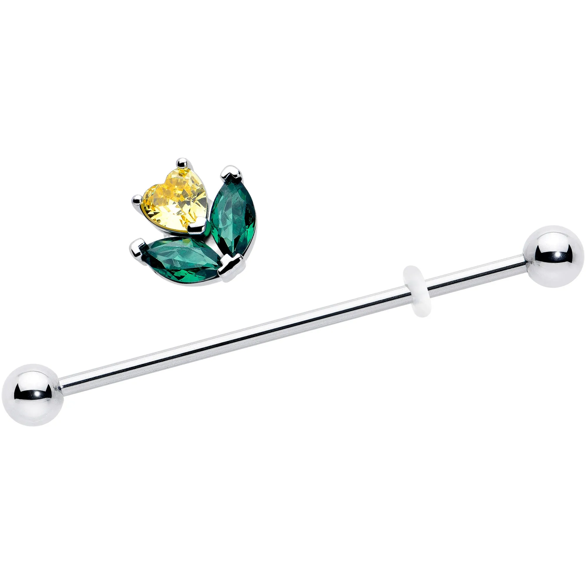 14 Gauge Yellow Green CZ Gem Love Flower Industrial Barbell 38mm