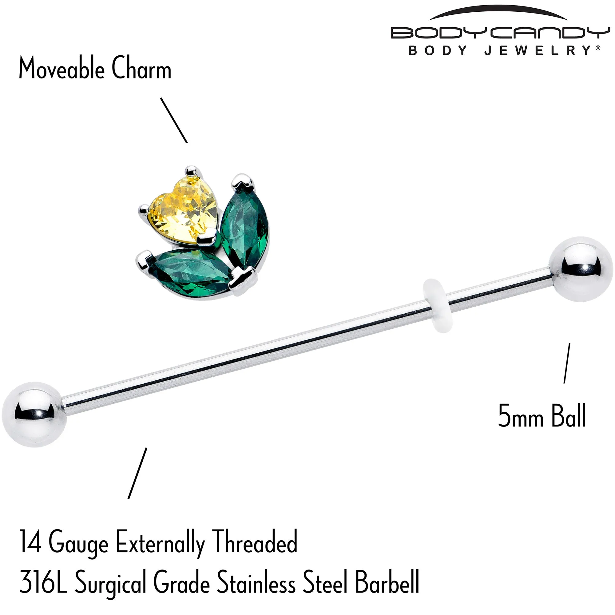 14 Gauge Yellow Green CZ Gem Love Flower Industrial Barbell 38mm
