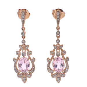14K Rose Gold Kunzite and Diamond Fancy Filigree Dangle Earrings