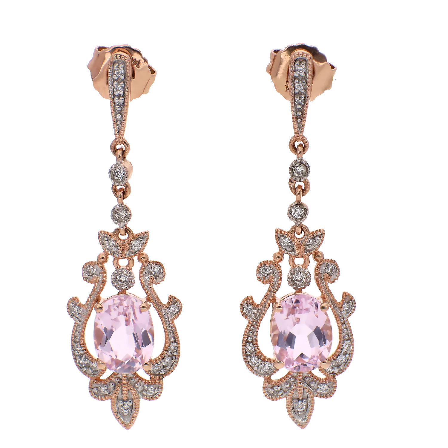 14K Rose Gold Kunzite and Diamond Fancy Filigree Dangle Earrings