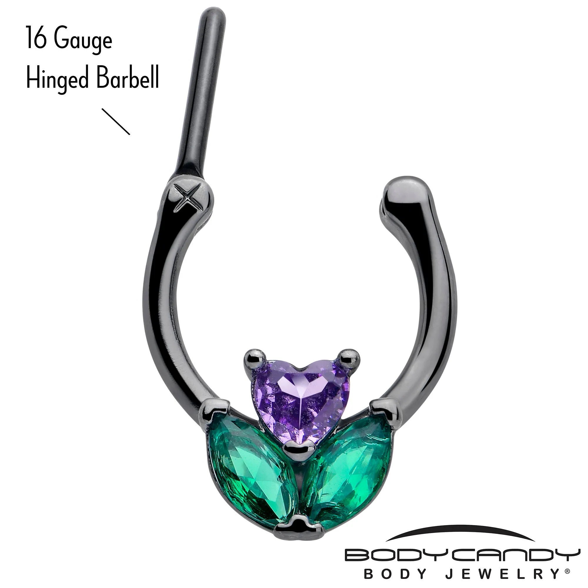 16 Gauge 5/16 Purple Green CZ Gem Black Love Flower Cartilage Clicker