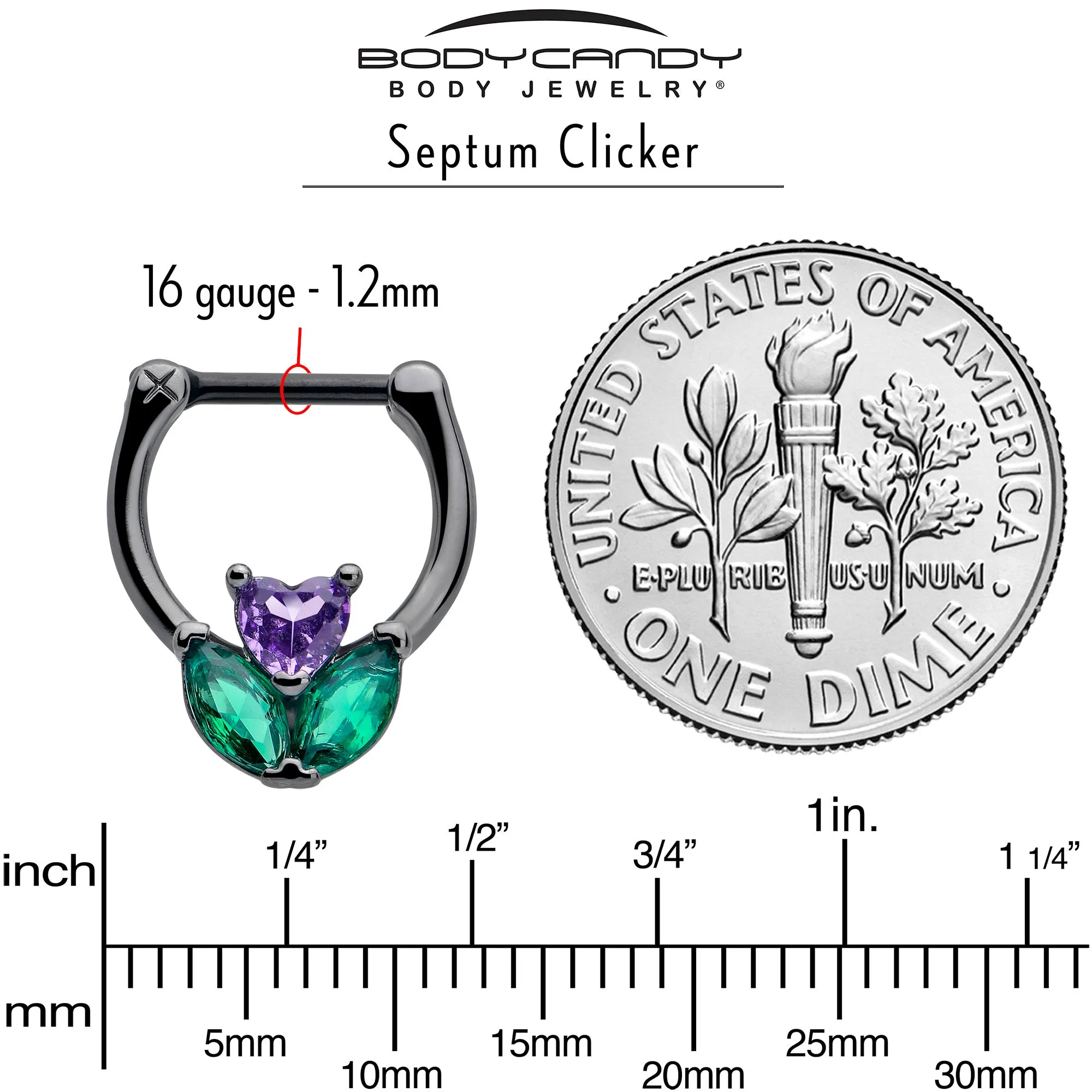 16 Gauge 5/16 Purple Green CZ Gem Black Love Flower Cartilage Clicker