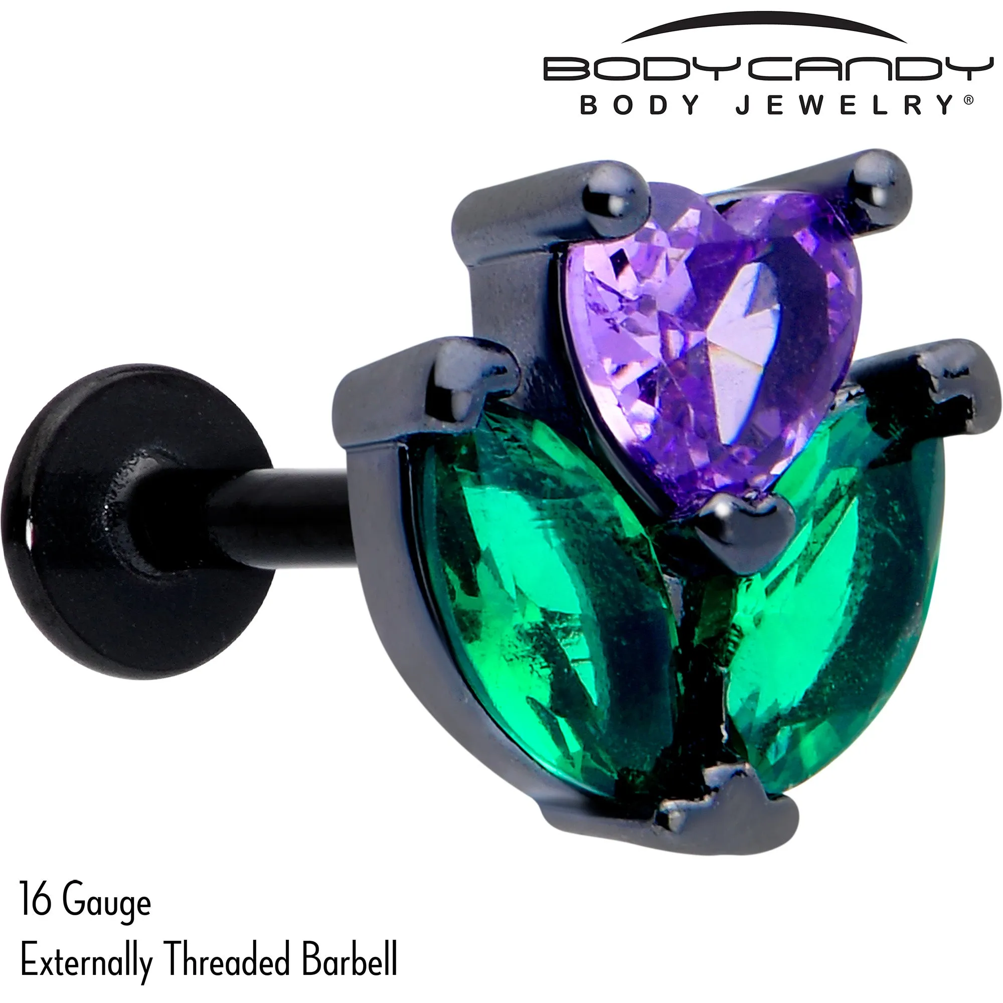 16 Gauge 5/16 Purple Green CZ Gem Black Love Flower Labret Monroe Tragus
