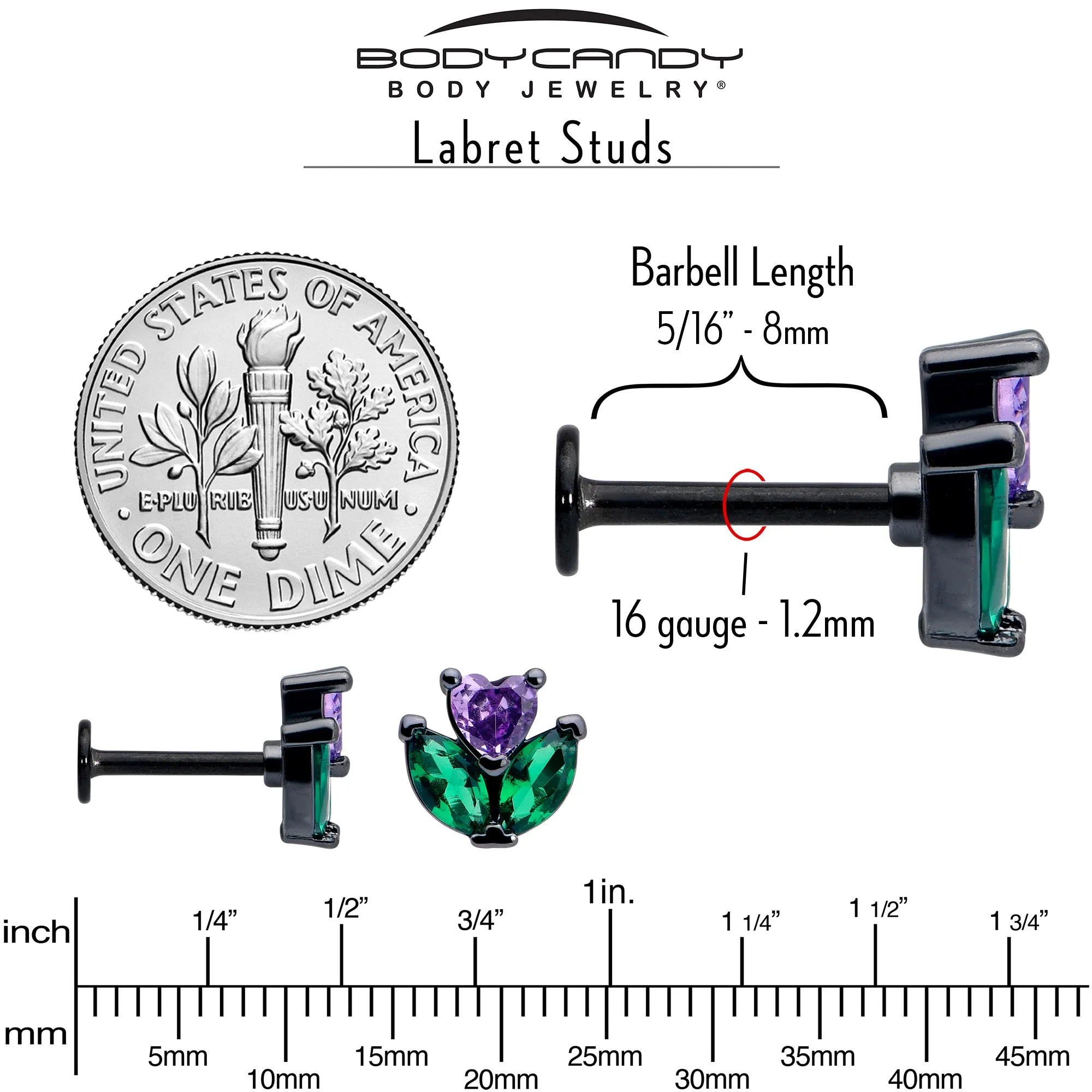 16 Gauge 5/16 Purple Green CZ Gem Black Love Flower Labret Monroe Tragus