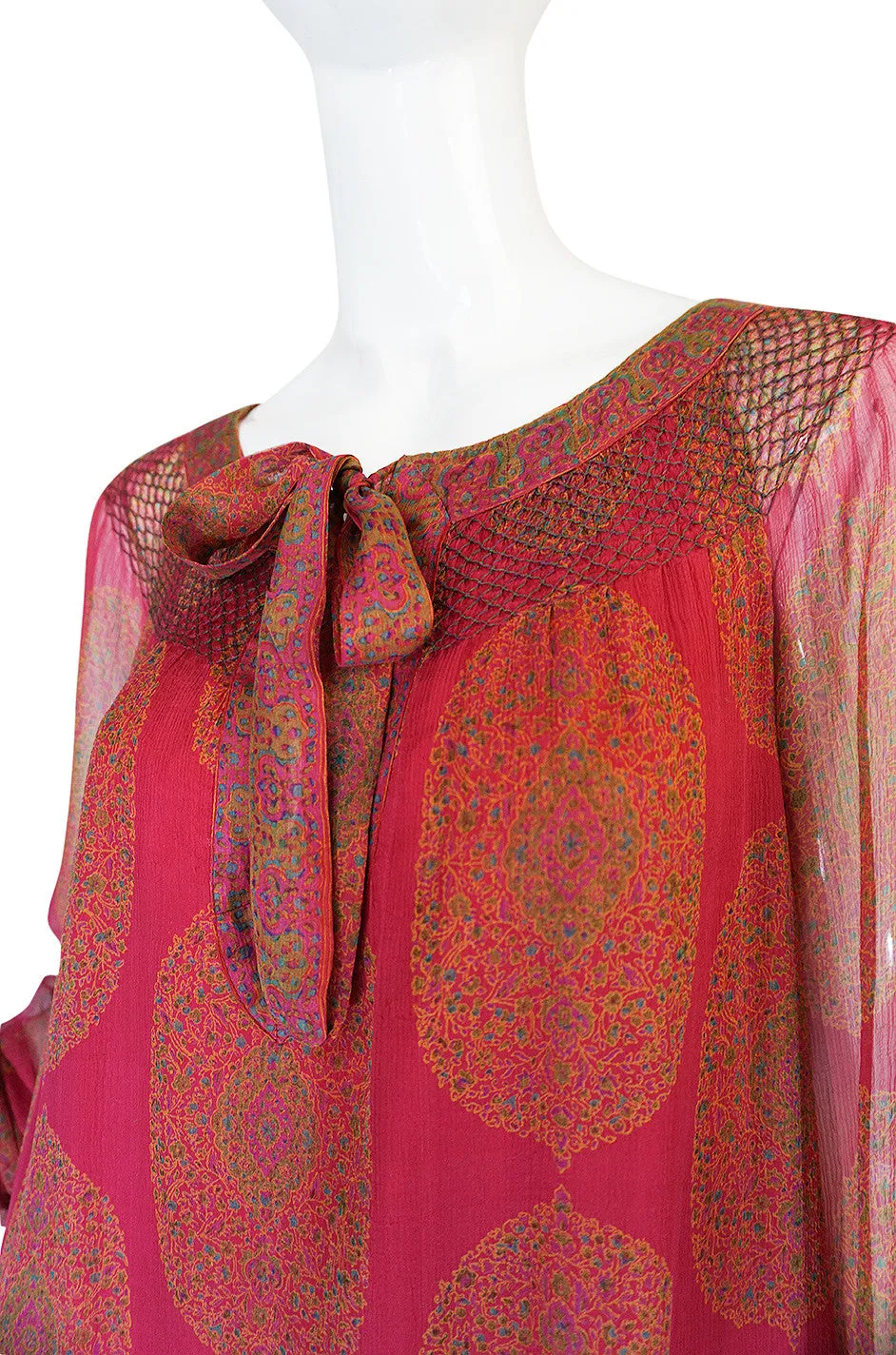 1970s Jeweled Hued Printed Silk Treacy Lowe Caftan Dress