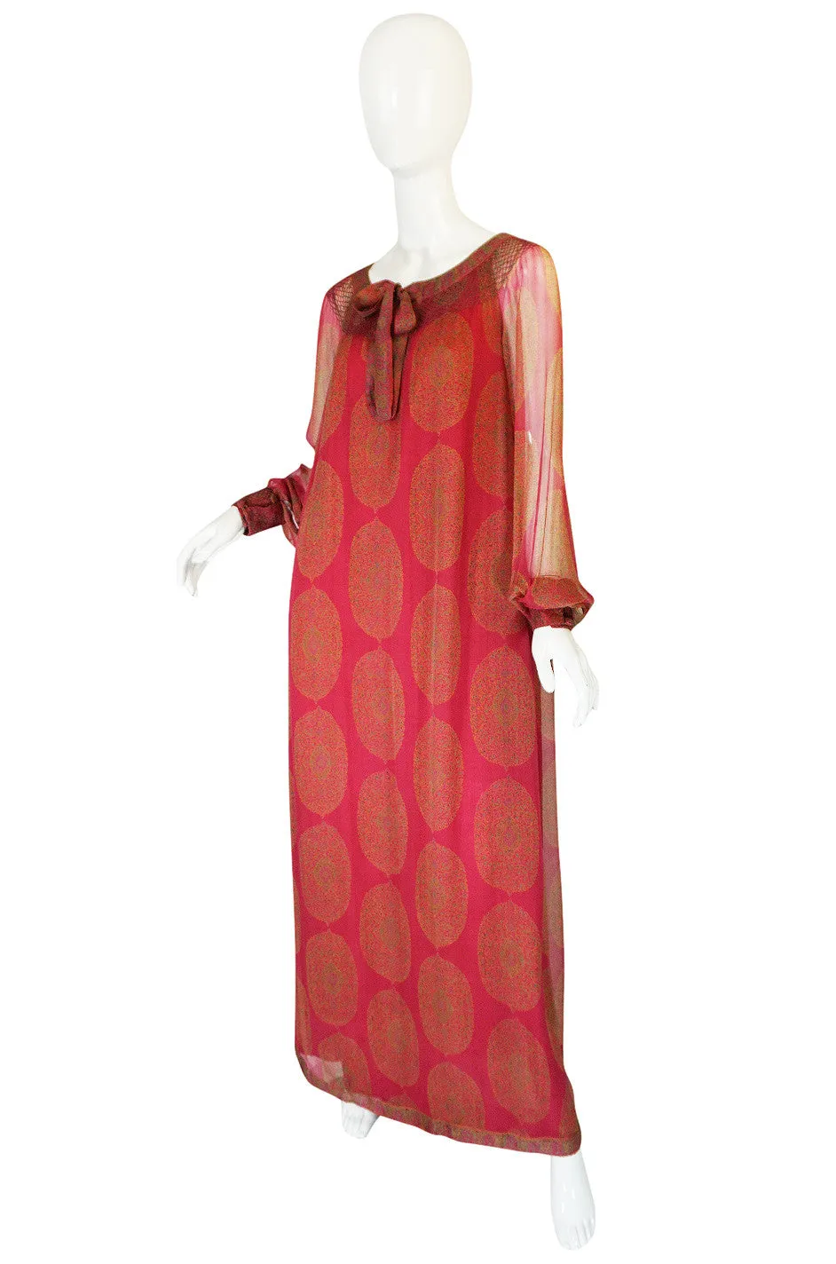 1970s Jeweled Hued Printed Silk Treacy Lowe Caftan Dress