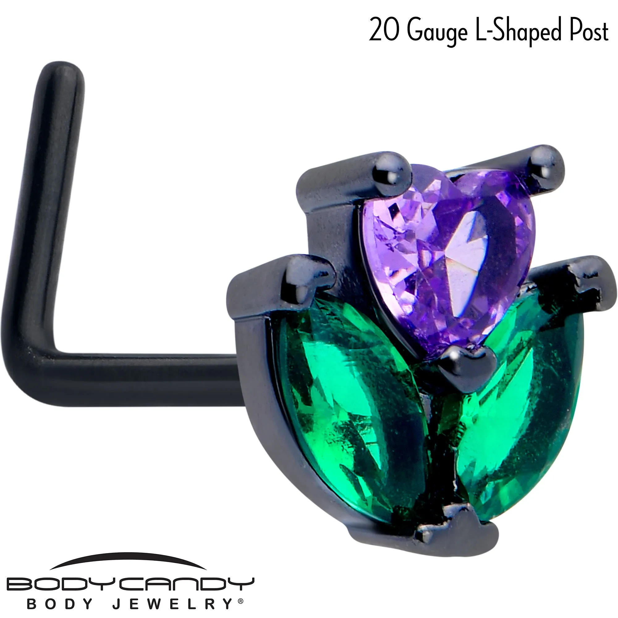 20 Gauge 7mm Purple Green CZ Gem Black Love Flower L Shape Nose Ring