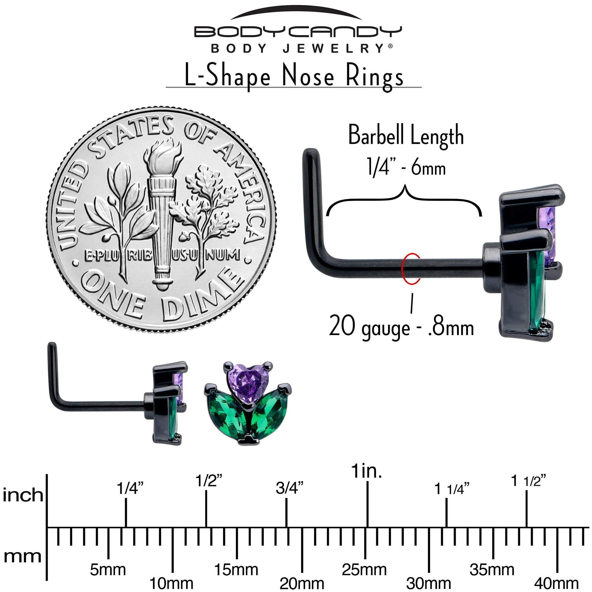 20 Gauge 7mm Purple Green CZ Gem Black Love Flower L Shape Nose Ring
