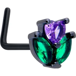 20 Gauge 7mm Purple Green CZ Gem Black Love Flower L Shape Nose Ring