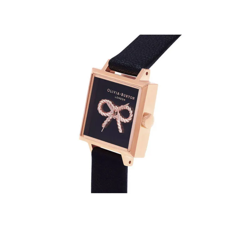 3D Vintage Bow Midi Square Dial Black and Rose Gold Watch