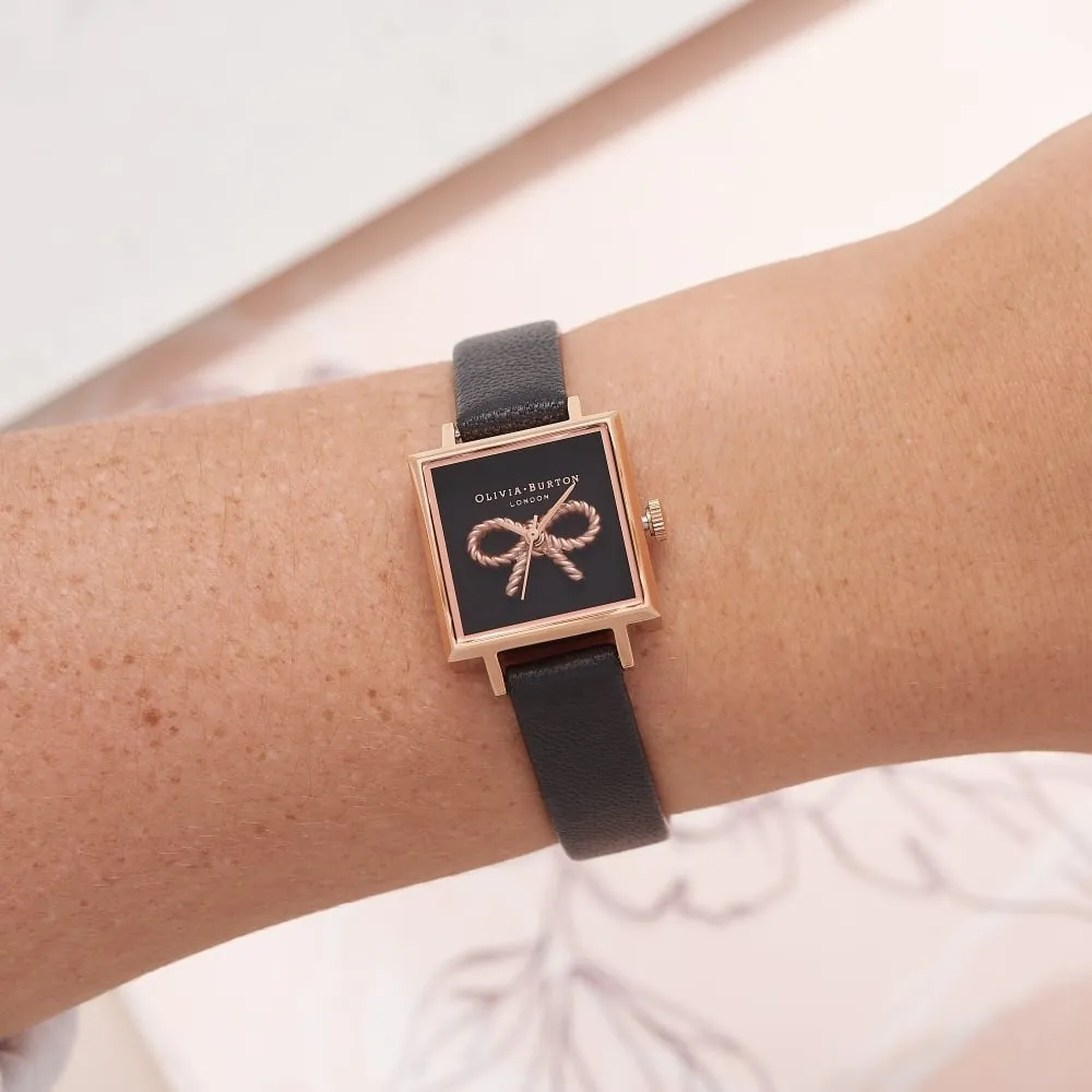 3D Vintage Bow Midi Square Dial Black and Rose Gold Watch