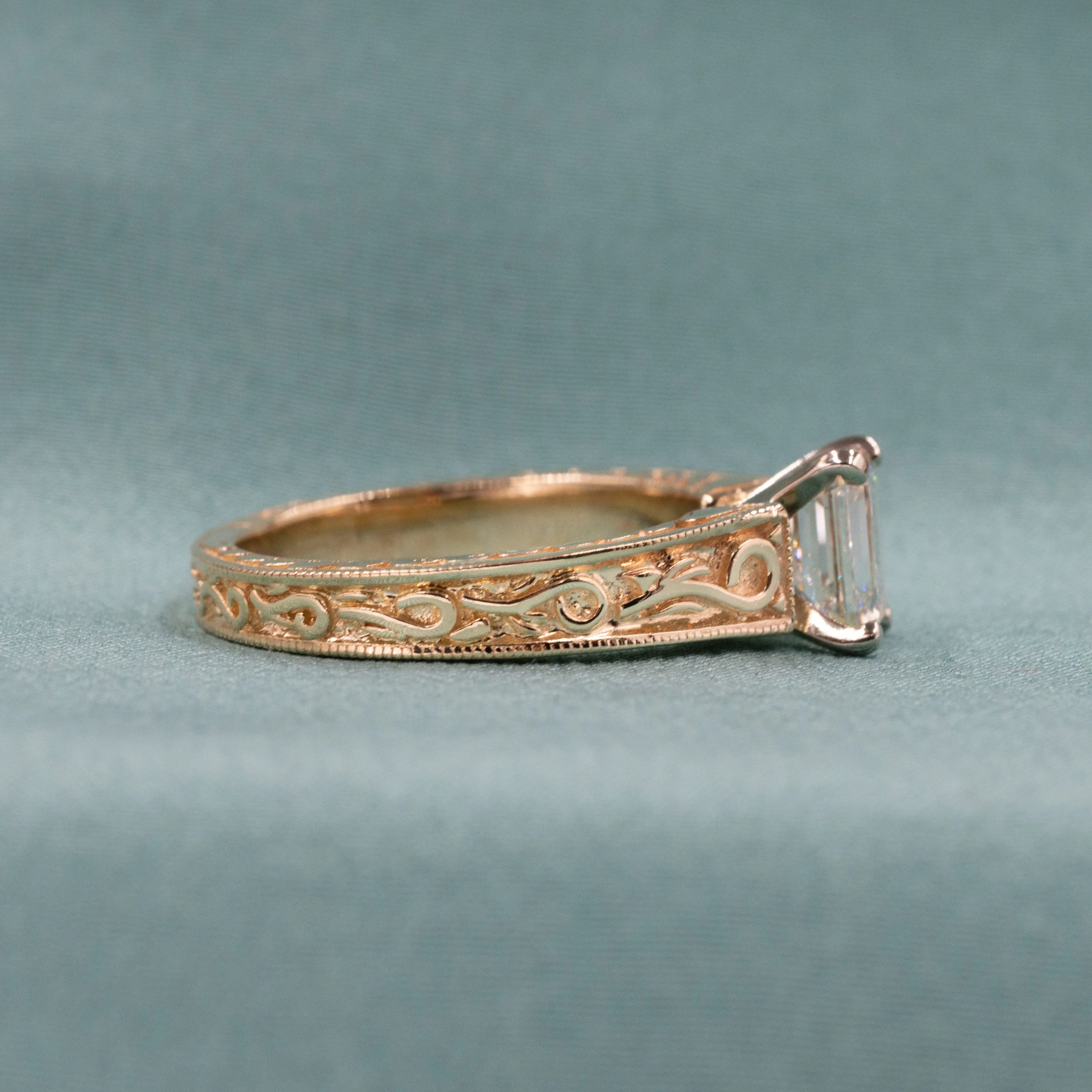 Adorned Emerald Cut Diamond Solitaire c1980