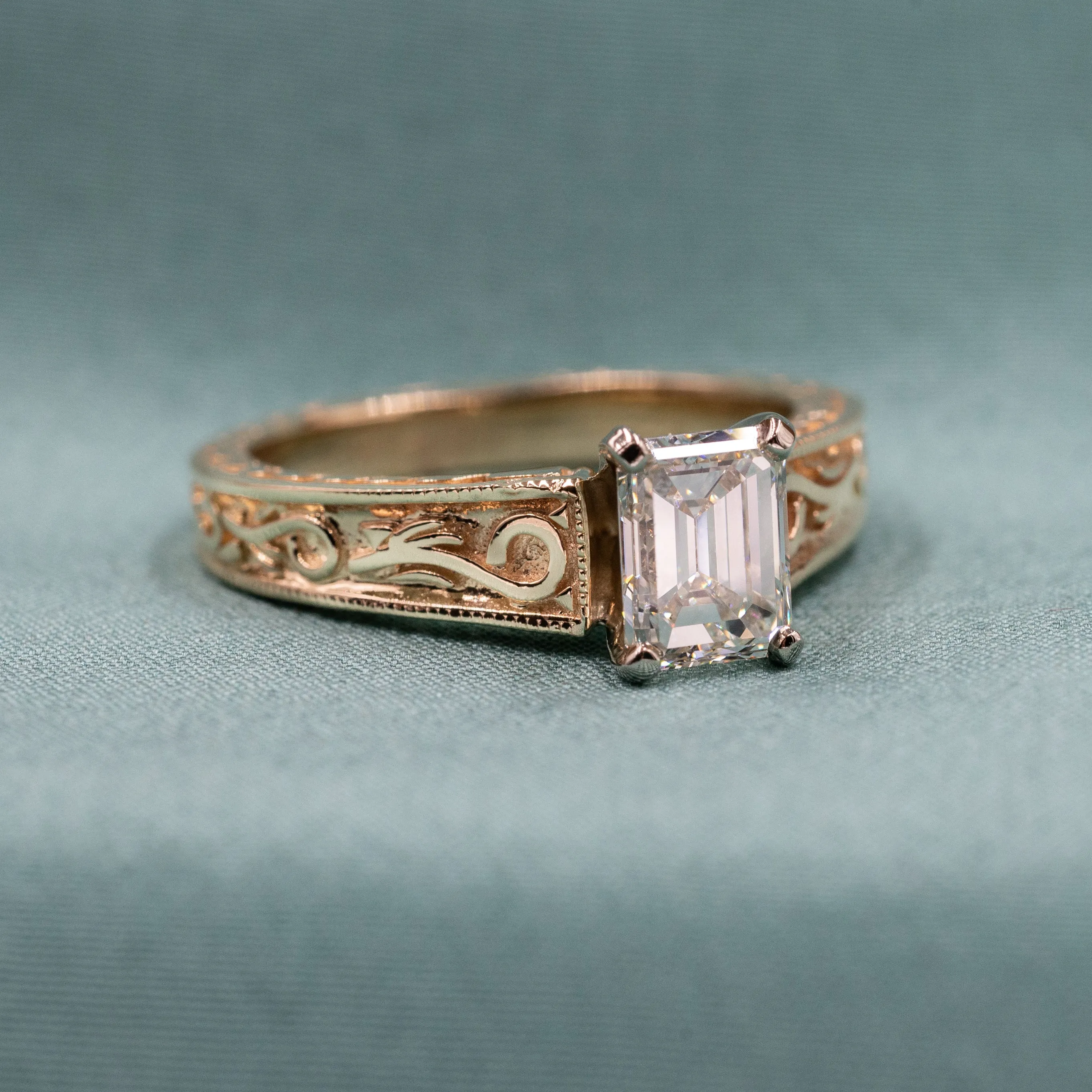 Adorned Emerald Cut Diamond Solitaire c1980