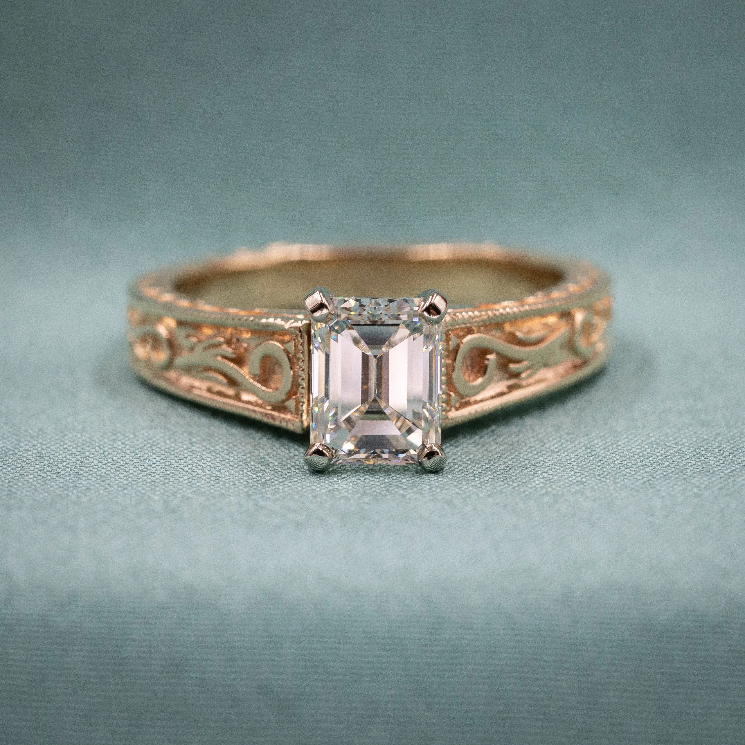 Adorned Emerald Cut Diamond Solitaire c1980