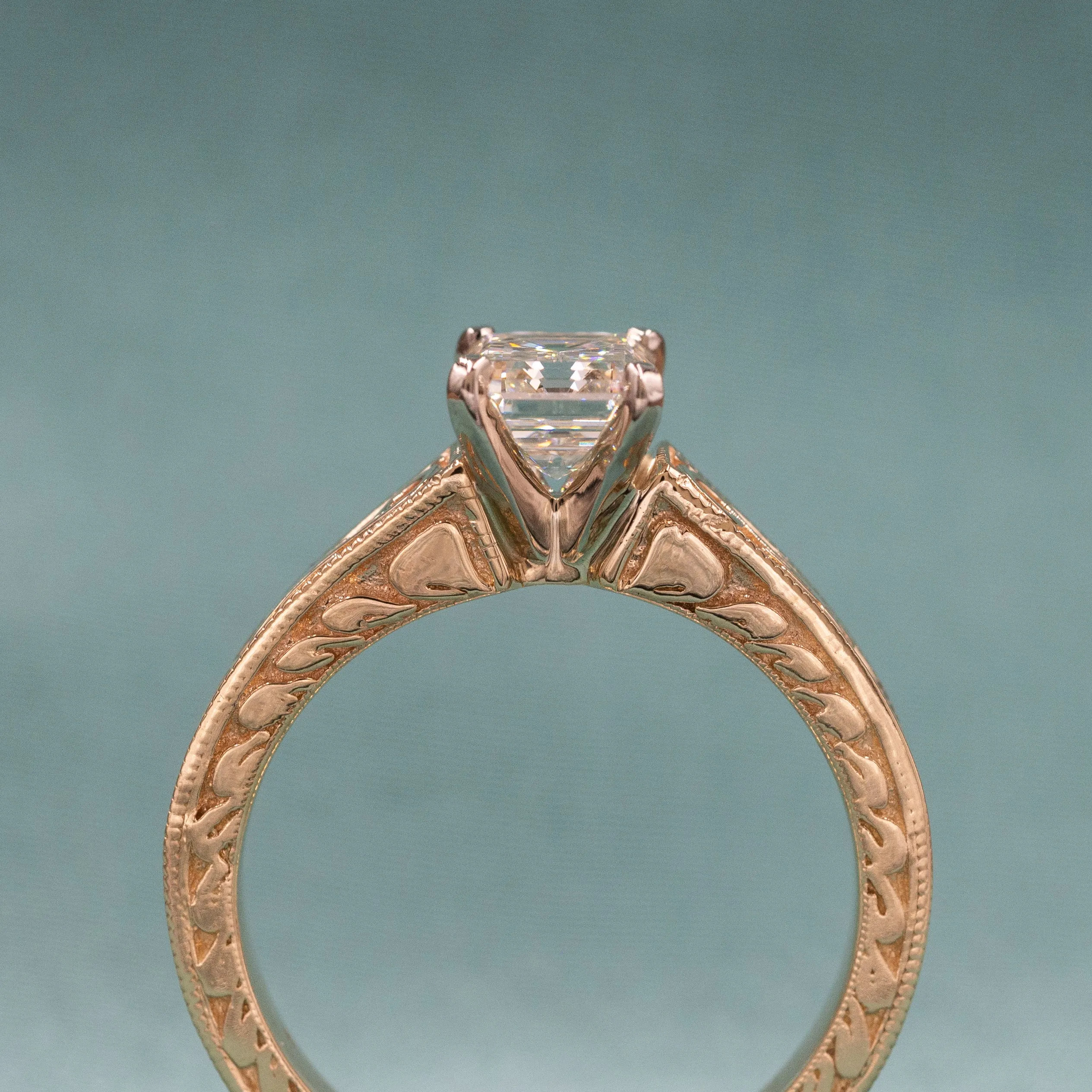Adorned Emerald Cut Diamond Solitaire c1980