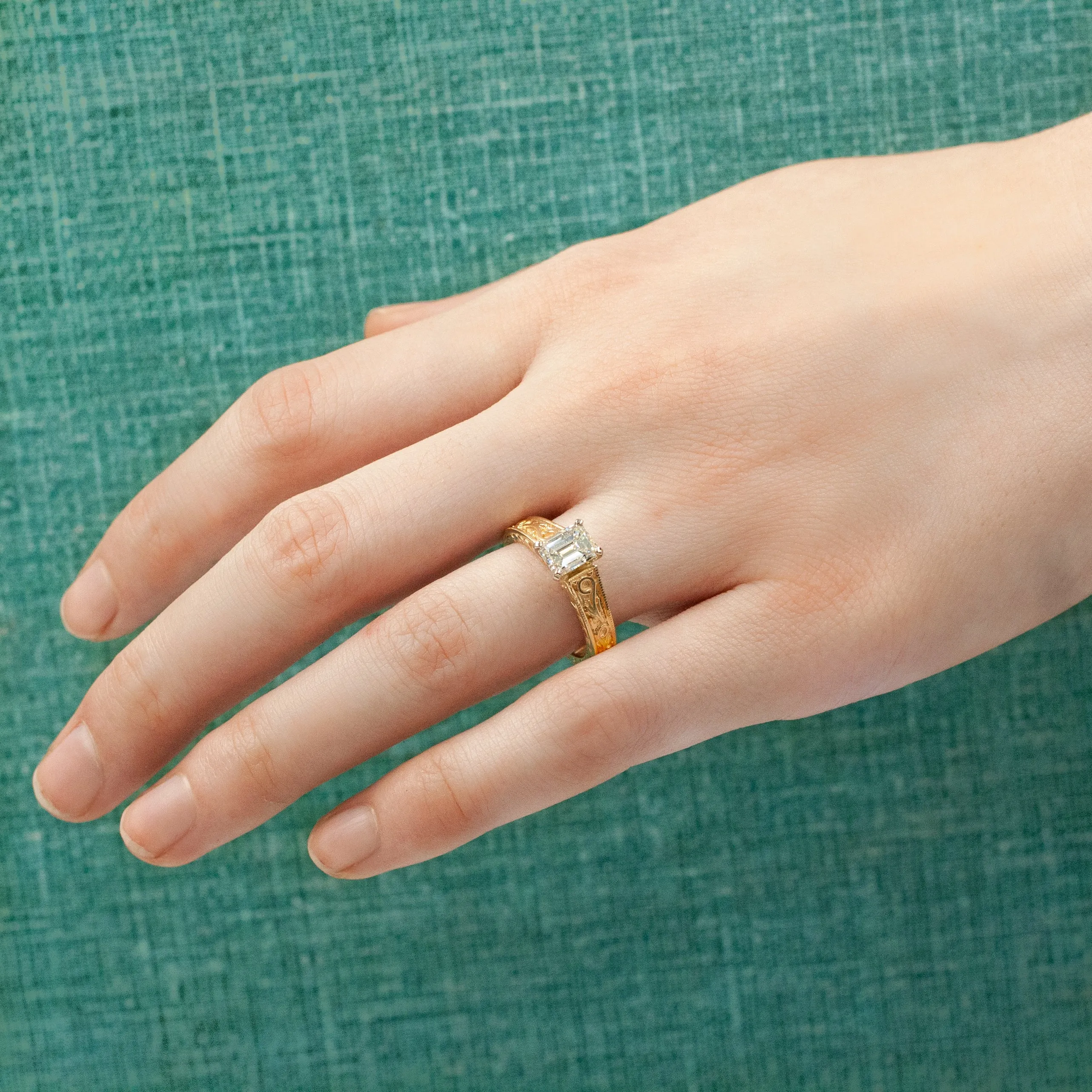 Adorned Emerald Cut Diamond Solitaire c1980