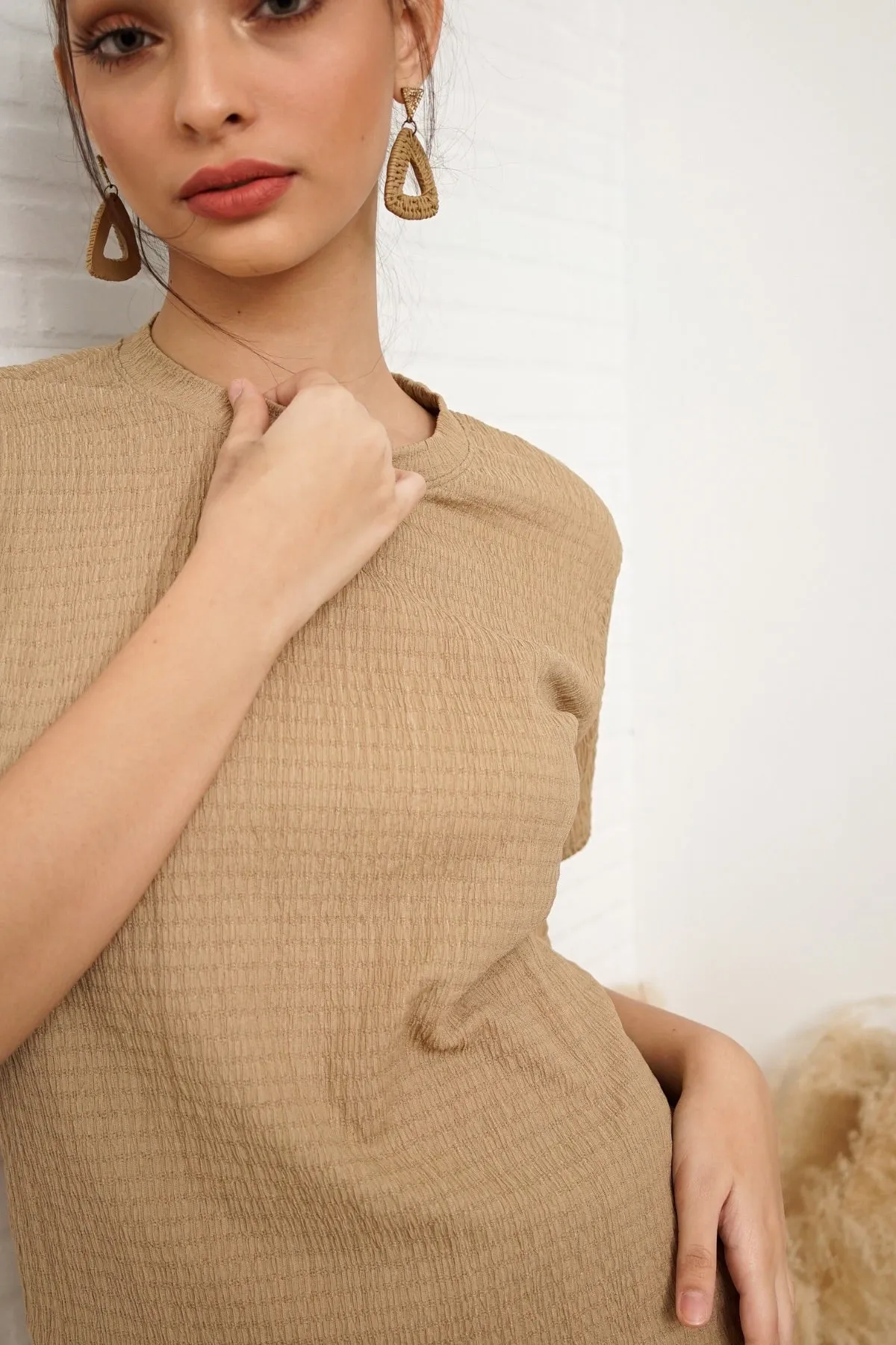 ALESSIA Textured Crepe Top & Shorts Co-ord (Nude Brown)