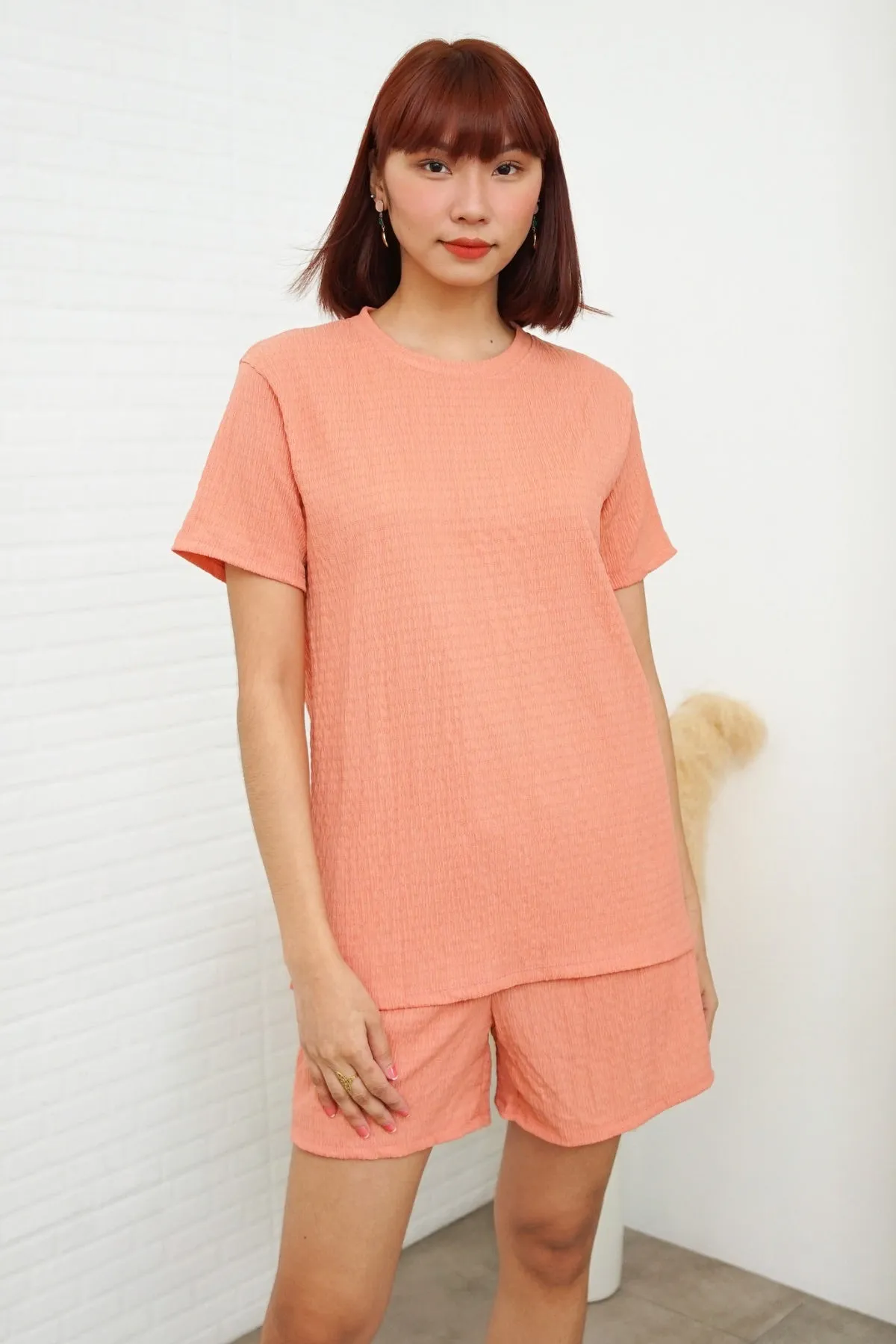 ALESSIA Textured Crepe Top & Shorts Co-ord (Peach Terracotta)