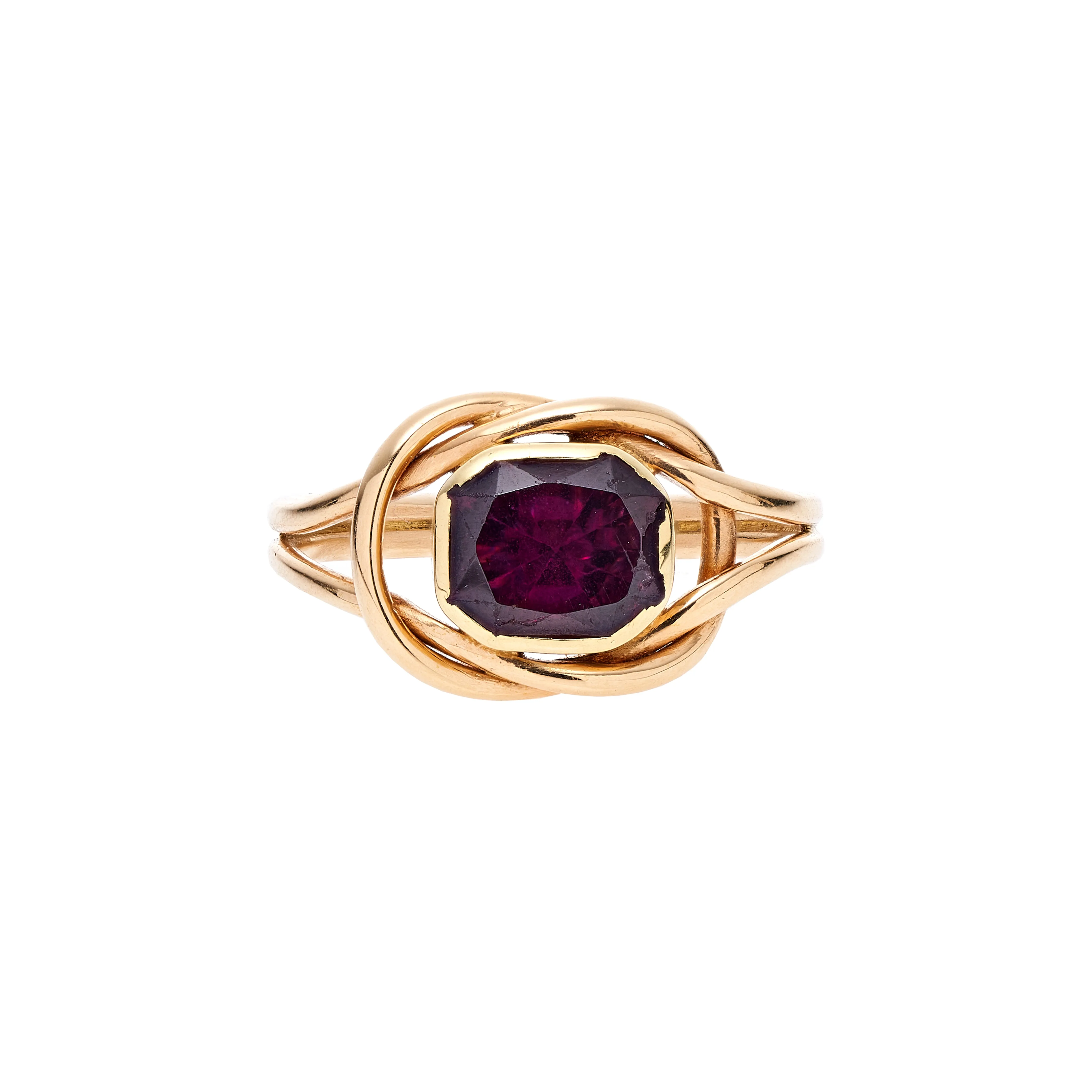 Antique 15k Flat Cut Garnet Closed Back Knot Ring