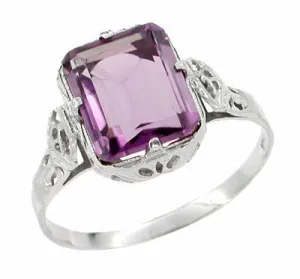 Art Deco Emerald Cut Antique Amethyst Filigree Ring in 10 Karat White Gold