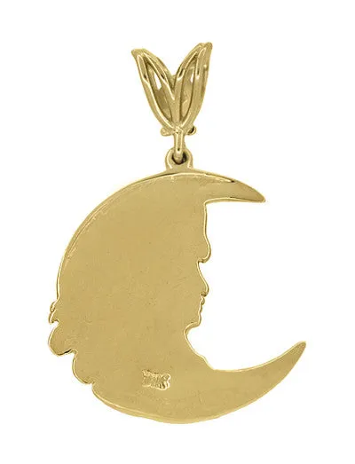 Art Nouveau Lady in the Moon Diamond Pendant in 14 Karat Yellow Gold
