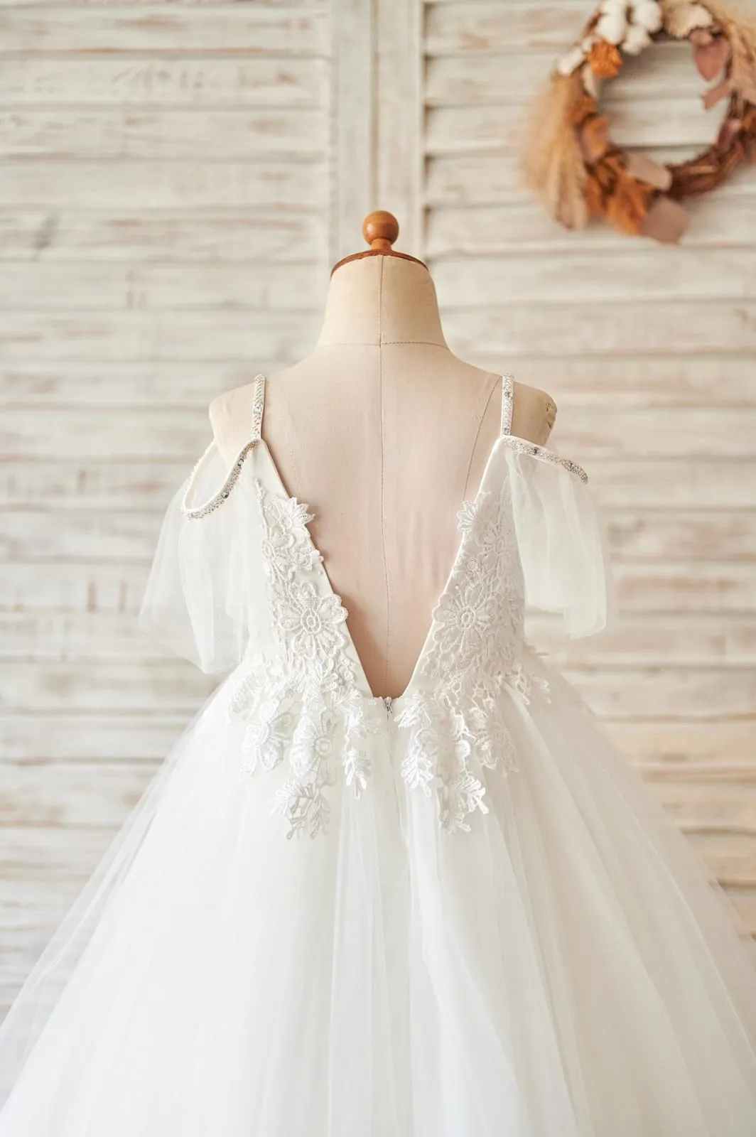 Ball Gown Off Shoulder Ivory Lace Tulle Straps V Back Wedding Flower Girl Dress