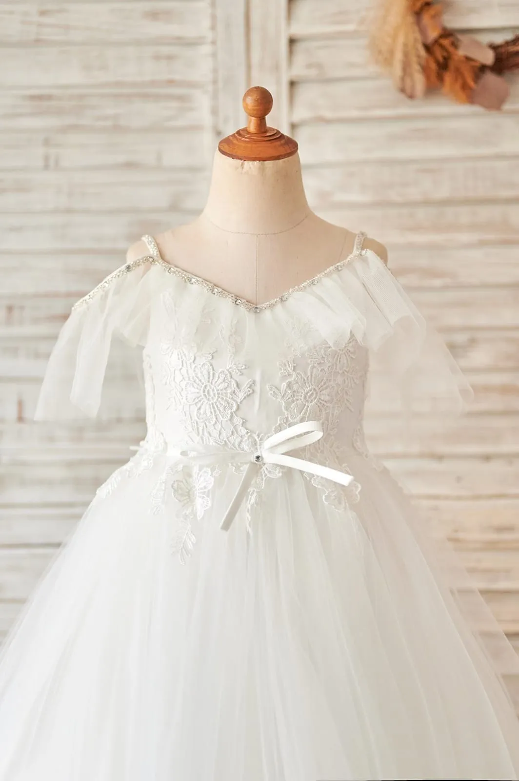 Ball Gown Off Shoulder Ivory Lace Tulle Straps V Back Wedding Flower Girl Dress
