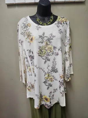 Beautiful Light Sweater Ivory Yellow Floral Top with Sleeves
