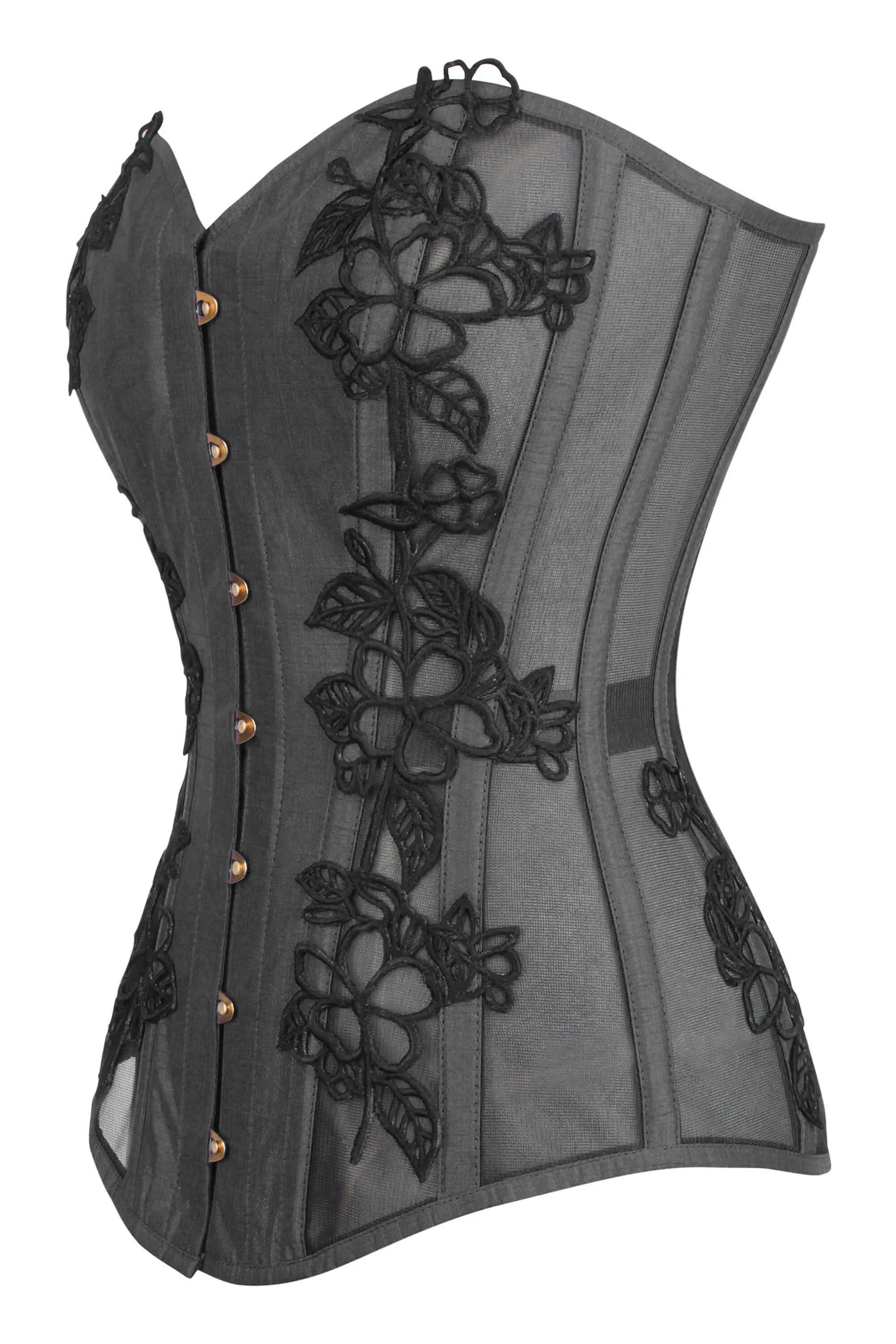 Black Longline Overbust Corset with Black Lace and Mesh Panels