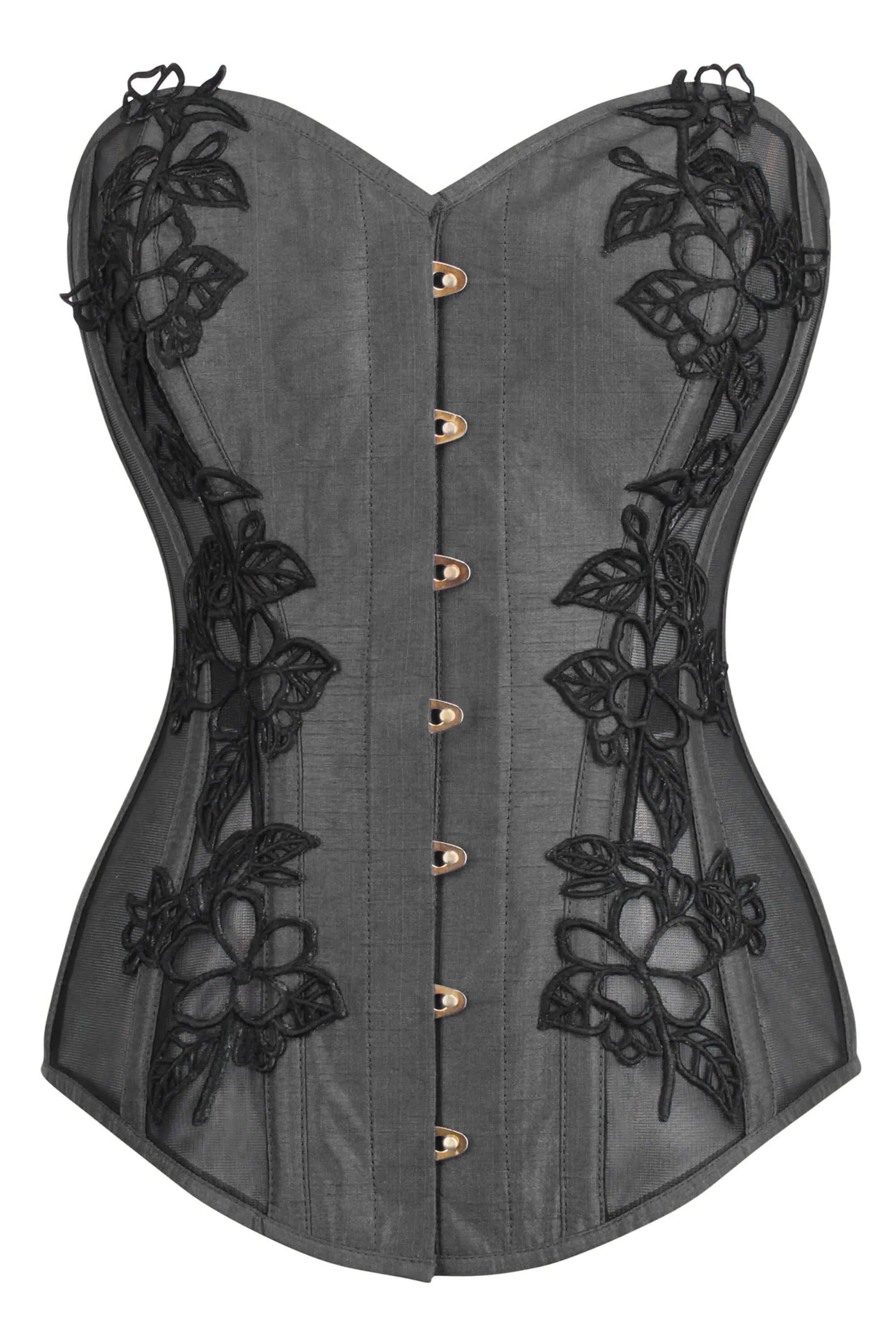 Black Longline Overbust Corset with Black Lace and Mesh Panels