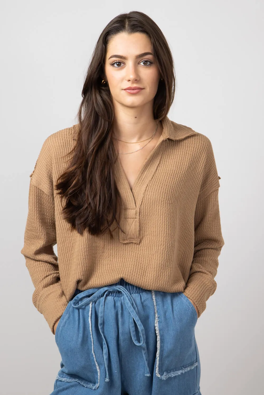 Blu Pepper Ribbed Knit Johnny Collar Polo Shirt for Women in Almond | B3FT1012-ALMOND