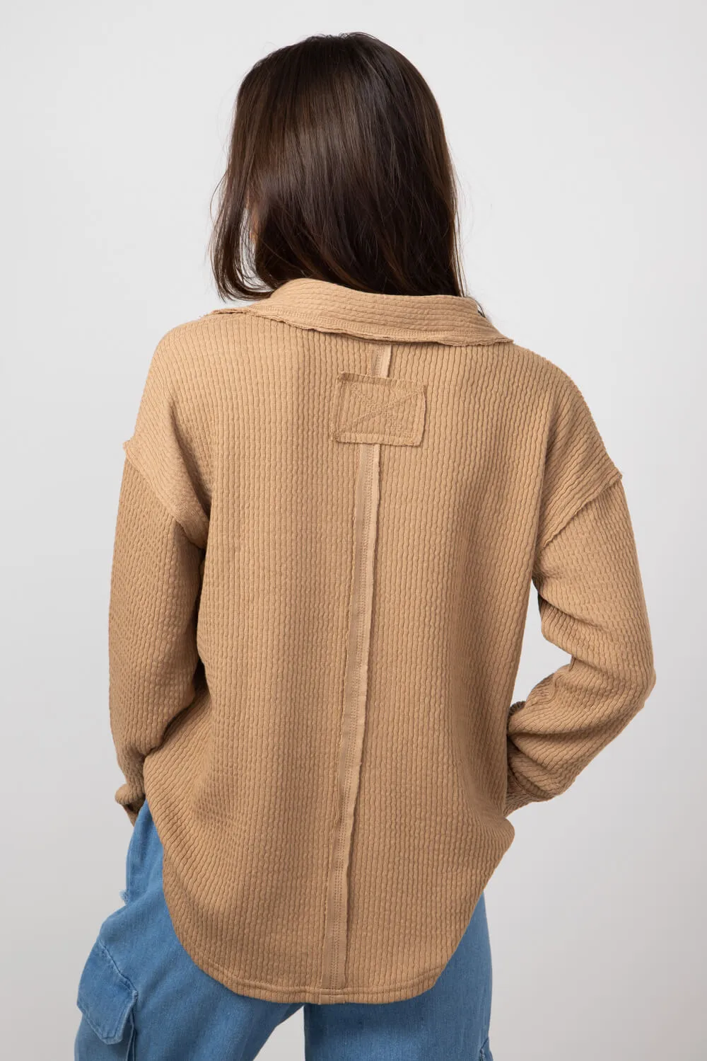 Blu Pepper Ribbed Knit Johnny Collar Polo Shirt for Women in Almond | B3FT1012-ALMOND