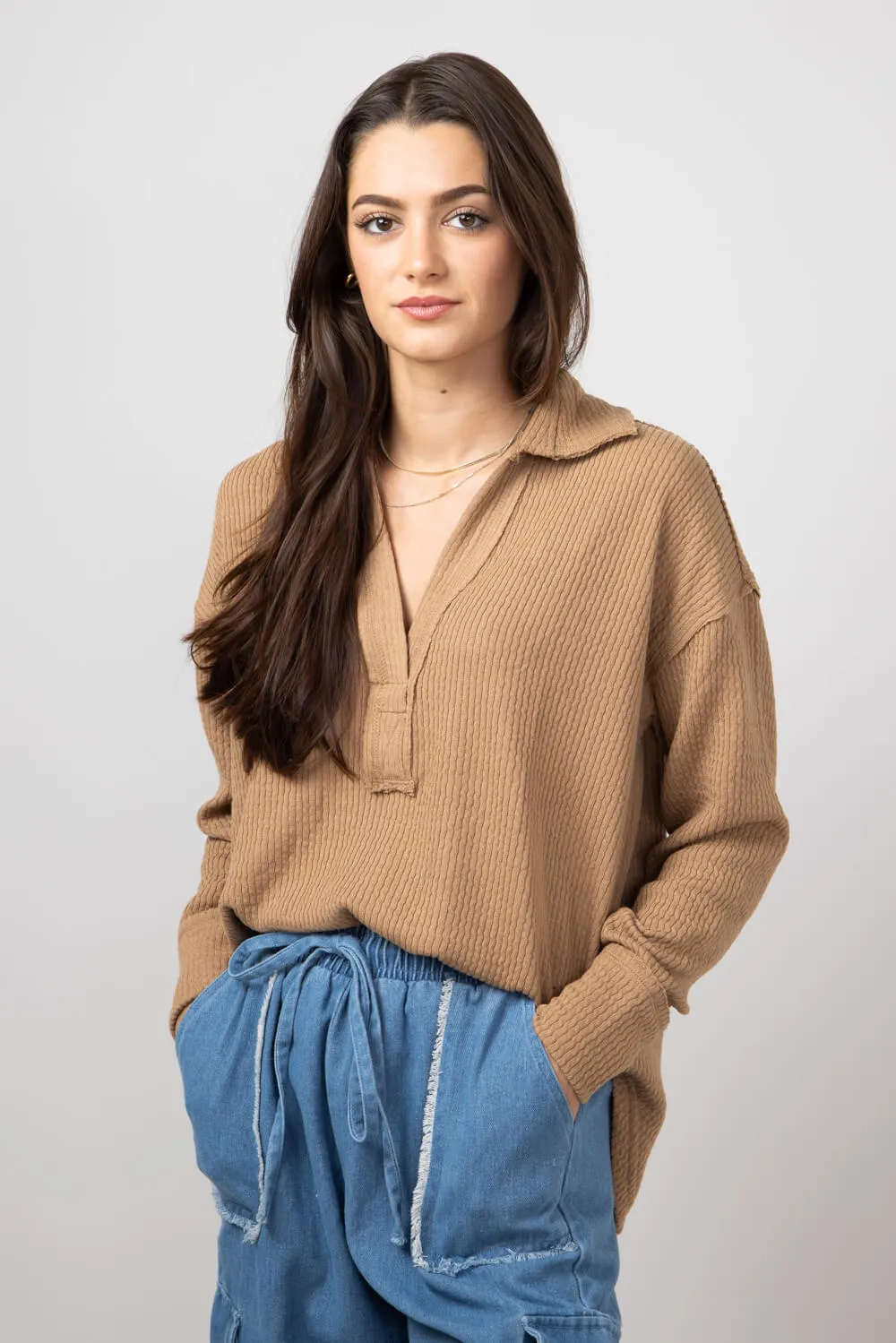 Blu Pepper Ribbed Knit Johnny Collar Polo Shirt for Women in Almond | B3FT1012-ALMOND