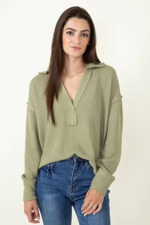 Blu Pepper Ribbed Knit Johnny Collar Polo Shirt for Women in Light Olive | B3FT1012-LIGHTOLIVE