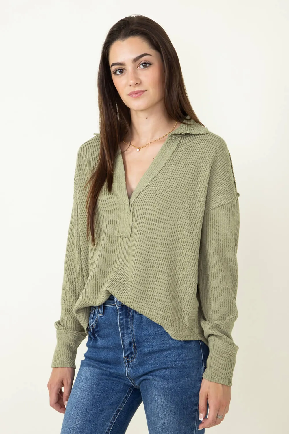 Blu Pepper Ribbed Knit Johnny Collar Polo Shirt for Women in Light Olive | B3FT1012-LIGHTOLIVE