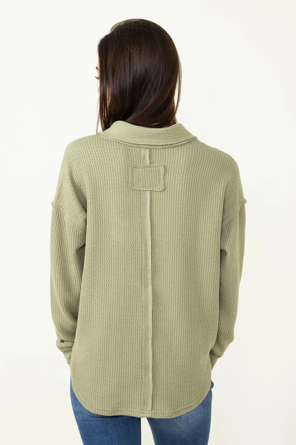 Blu Pepper Ribbed Knit Johnny Collar Polo Shirt for Women in Light Olive | B3FT1012-LIGHTOLIVE