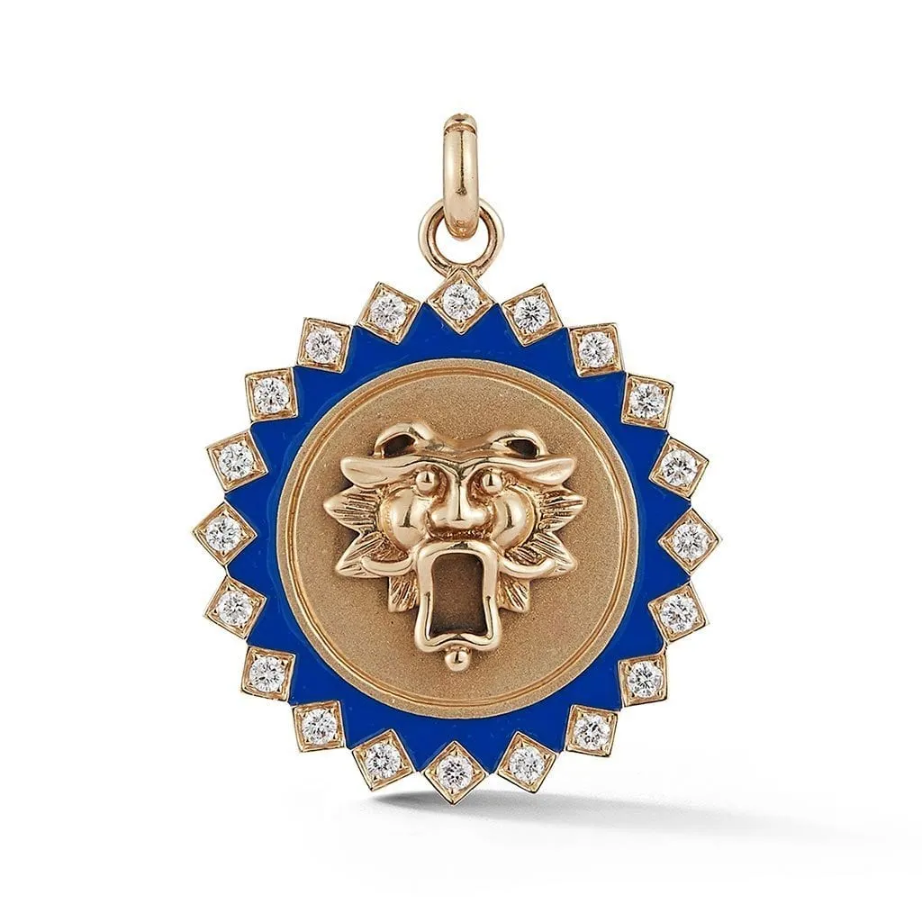 Blue Enamel & Diamond Guardian Lion Medallion