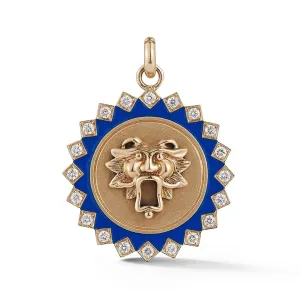 Blue Enamel & Diamond Guardian Lion Medallion