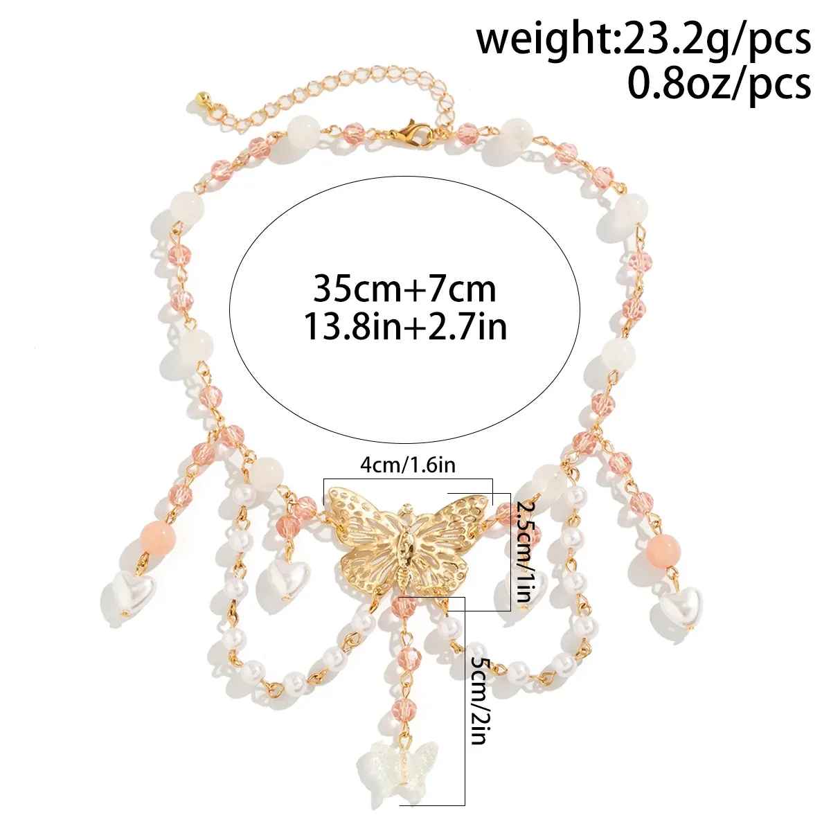 Butterfly Pendant Necklace with Baroque Heart Tassel Chain