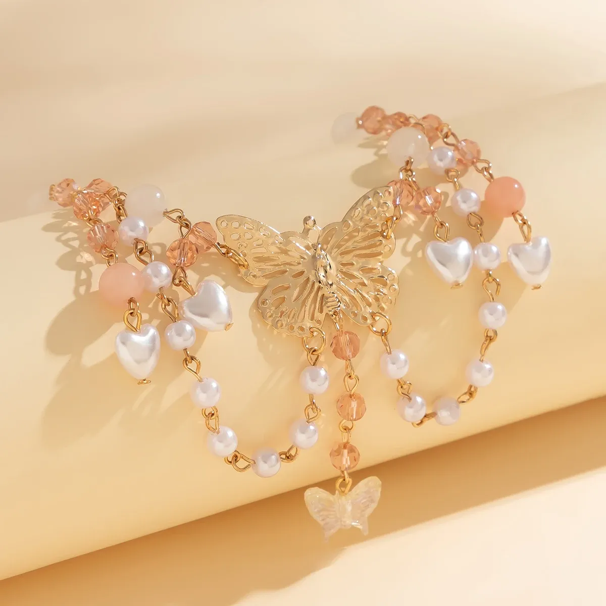 Butterfly Pendant Necklace with Baroque Heart Tassel Chain