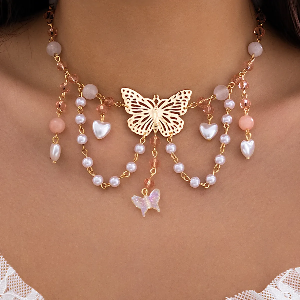 Butterfly Pendant Necklace with Baroque Heart Tassel Chain