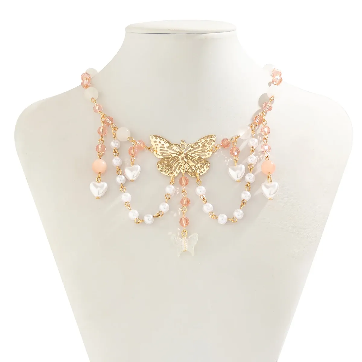 Butterfly Pendant Necklace with Baroque Heart Tassel Chain