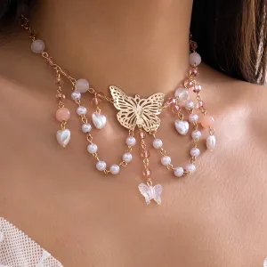 Butterfly Pendant Necklace with Baroque Heart Tassel Chain