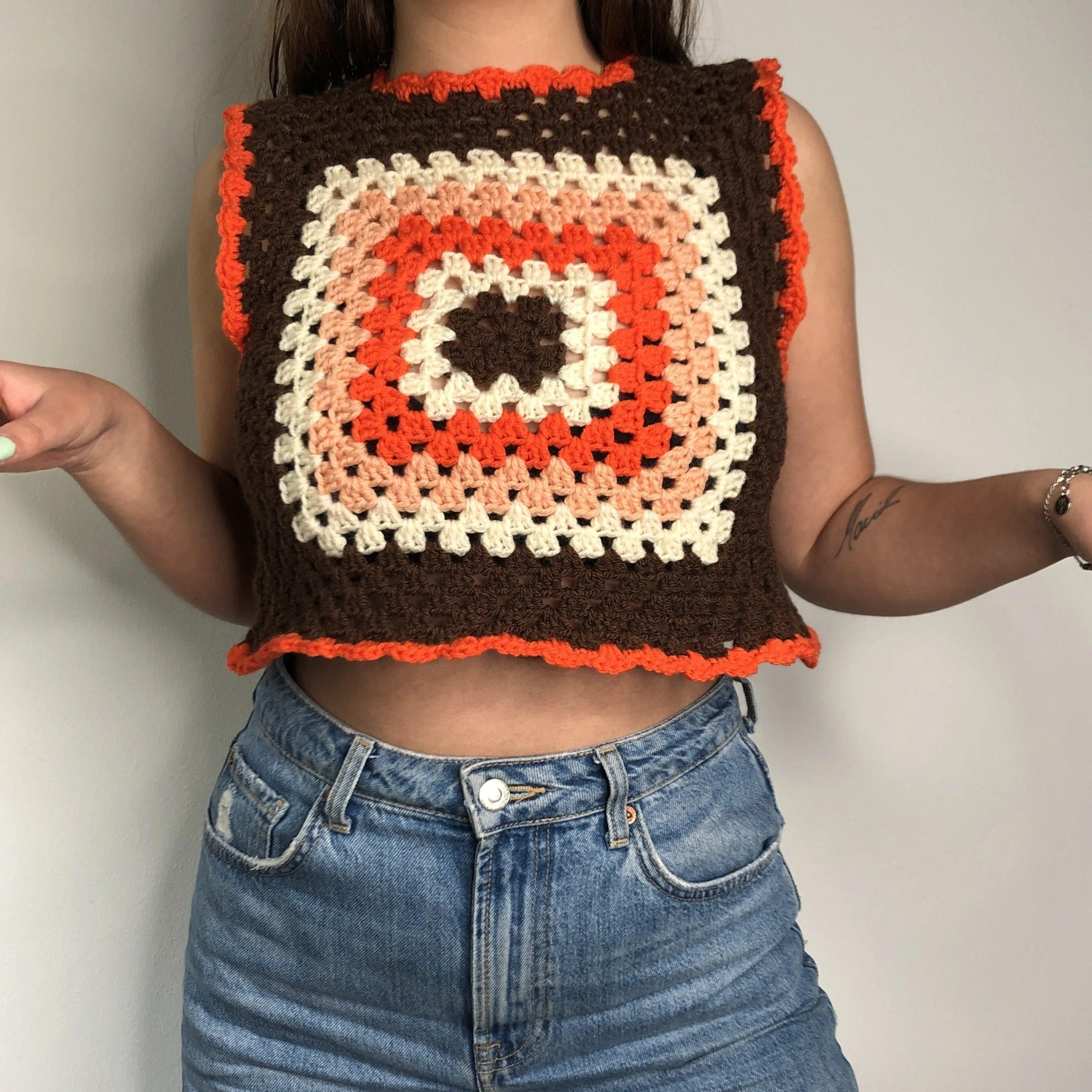 Classic 70s Style Brown Granny Square Crochet Vest